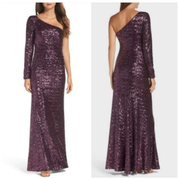Sequin One Shoulder Long Sleeve Formal Gown Prom - Picture 1 of 7